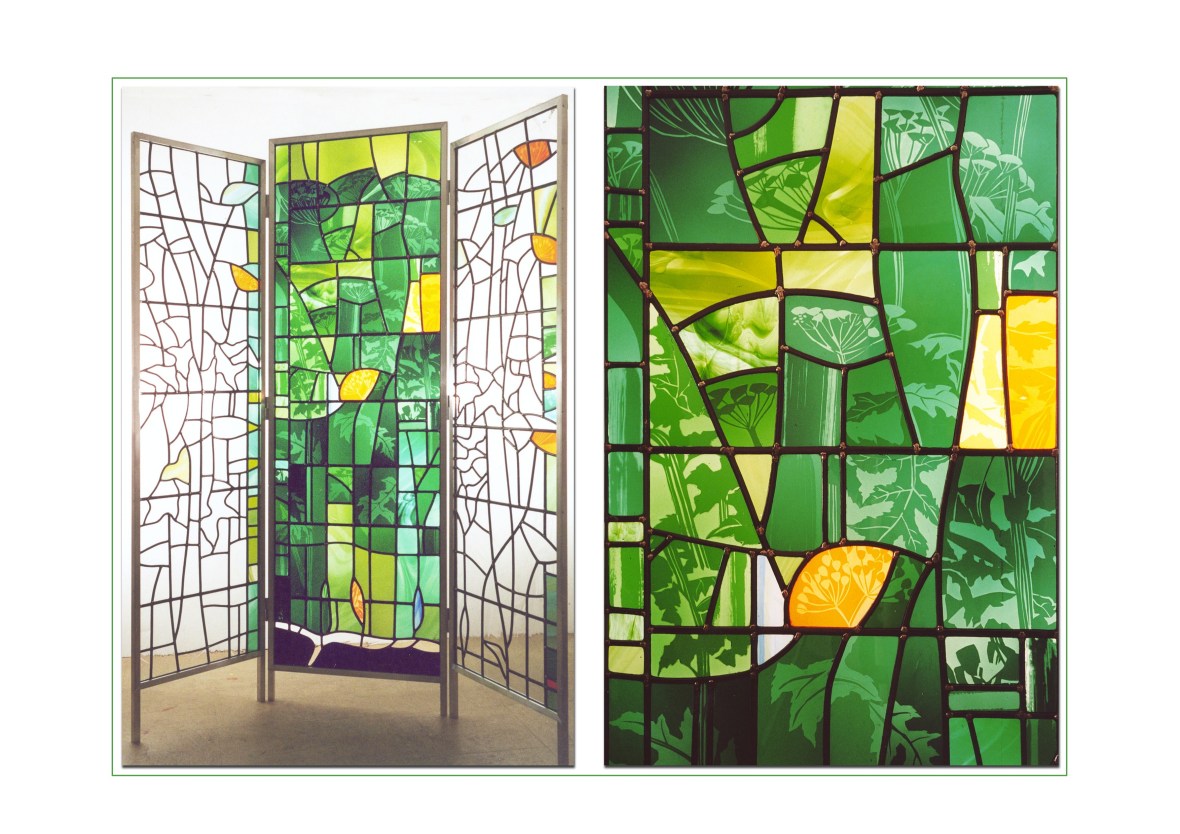 Etched glass screen exhibited at Ely Stained Glass Museum